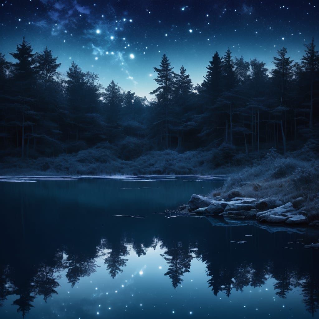 Luminous Stag in Moonlit Lake with Star Antlers