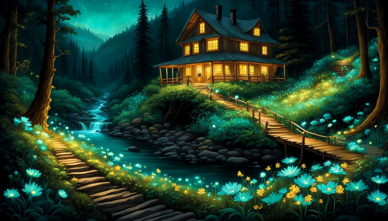 On a summer night, under the luminescent ethereal turquoise, a winding bioluminescent path flickers with ...  by @5Foot3 Marie