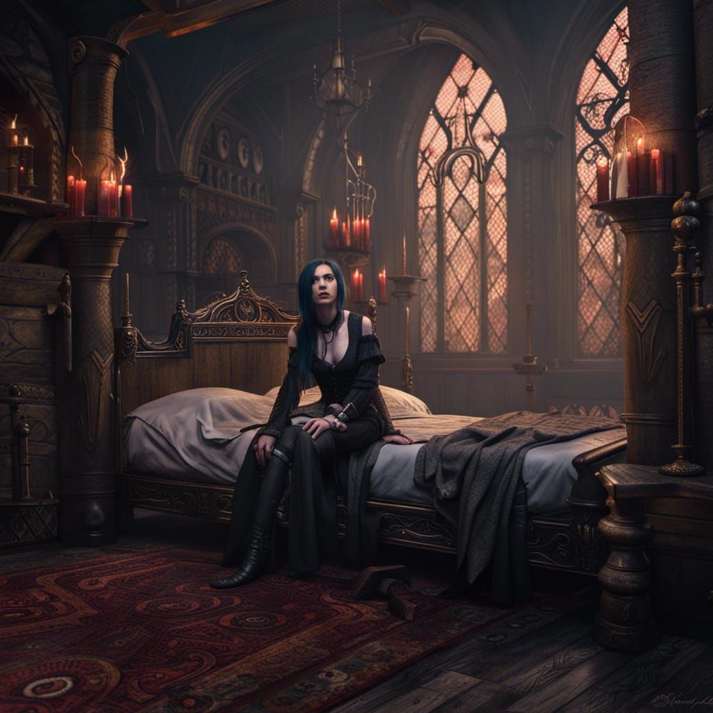 Goth woman handcuffed to a bed inside a medieval room, que looks ...