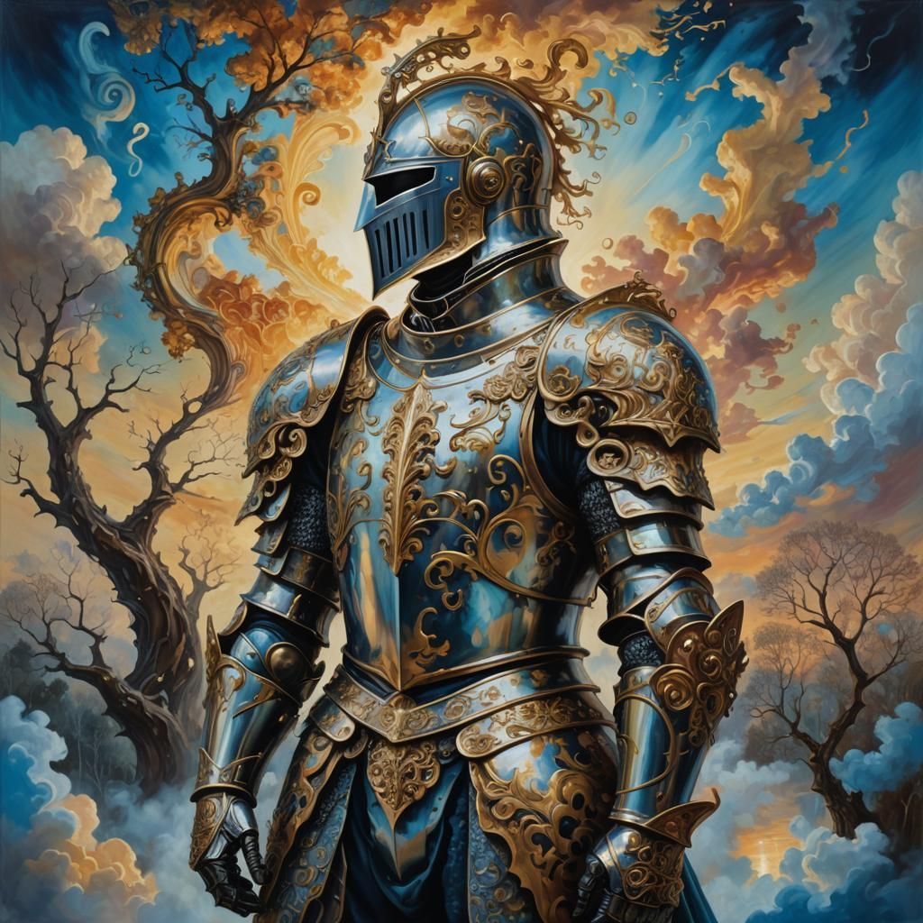 Knight Contemplates Question Mark in Surreal Oil Painting