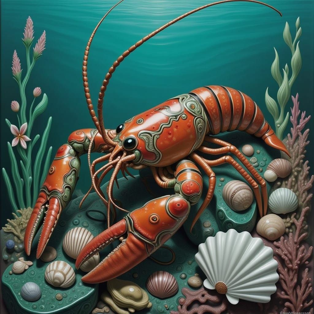 <lora:DELICATE DECO:1.0> Lobster with seashells in a coral reef