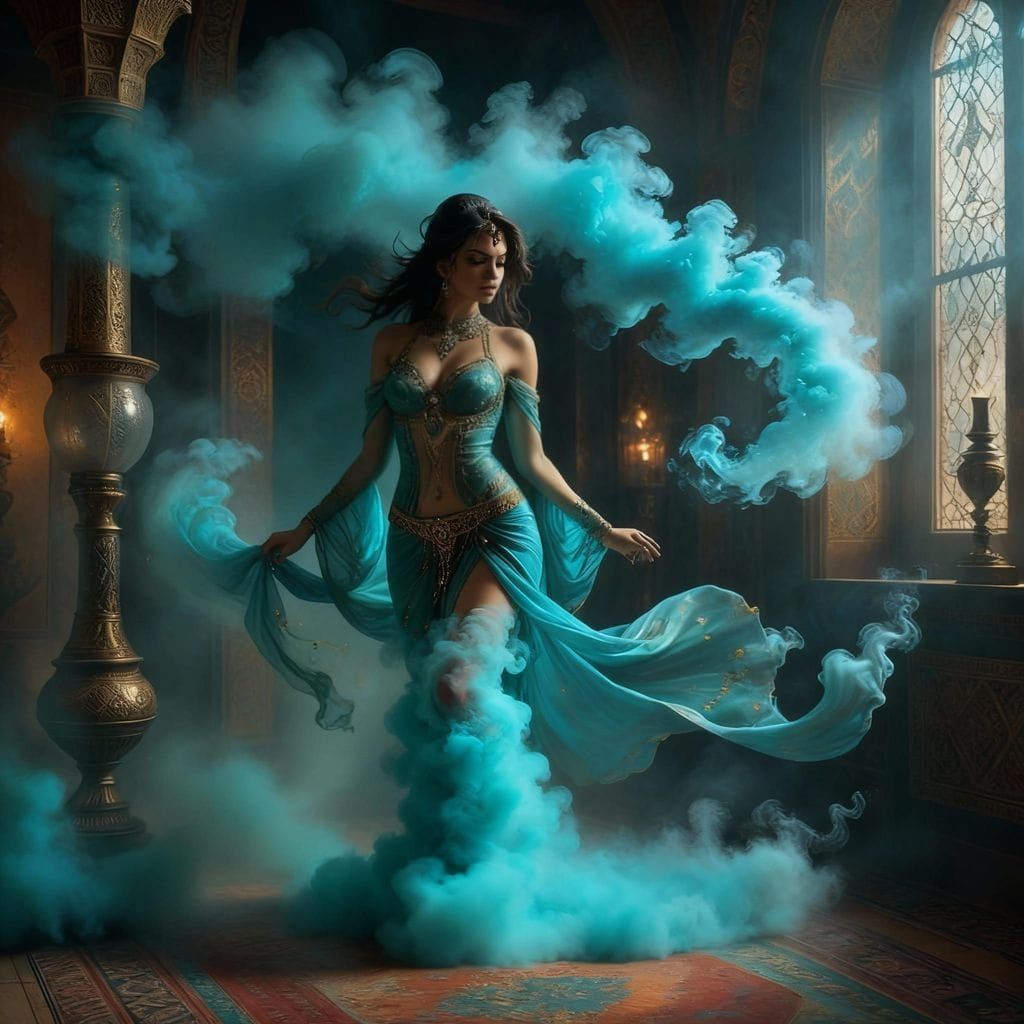 Persian Genie Materializing From Turquoise Smoke. 