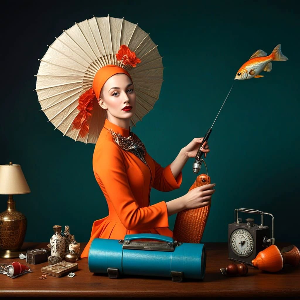 Surreal Woman with Exotic Animals in Vibrant Landscape