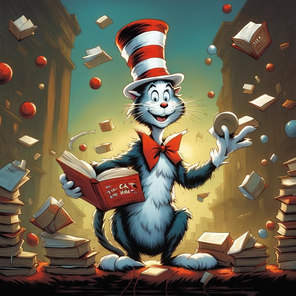 Dr Seuss' The Cat in the Hat juggling books AI Generated Artwork