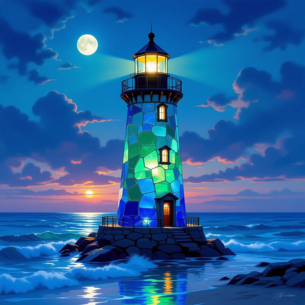 Ethereal Sea Glass Lighthouse in Emerald and Cobalt