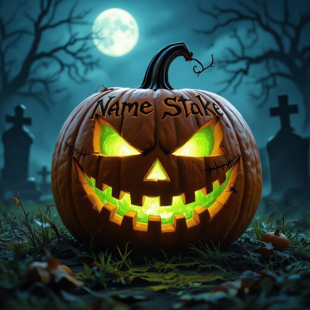 Scary Halloween pumpkin with the name stake tattooed on it in stitching