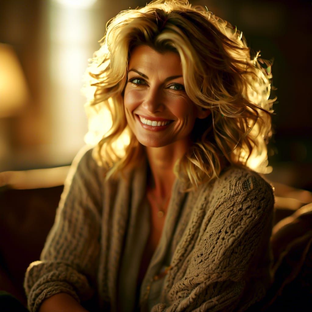 <lora:Double Photoreal v1:1.0> Faith Hill sitting in a dimly...