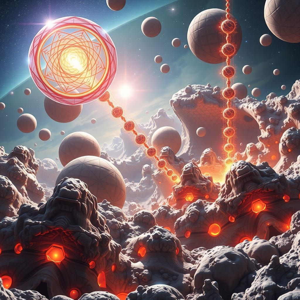 A highly detailed, surreal digital artwork visualizing the physics and geometry of infinite-distance limits in the complex structure moduli ...