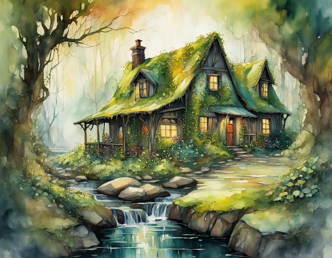  An old moss covered cottage lies in a sunlit forest by a stream.  by @Suz