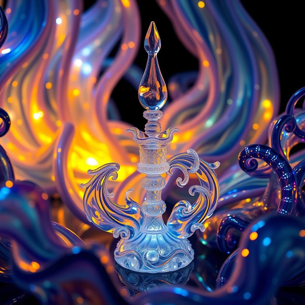 Ornate Crystal Sculpture with Molten Glass Backdrop