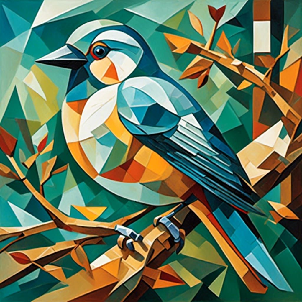 <lora:MoCubey:1.0>  A bird on a branch, cubism 