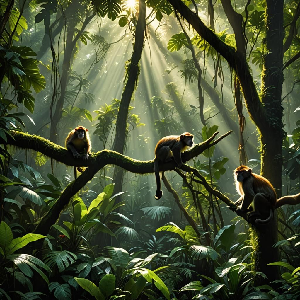 tropical rainforest, monkeys, photorealistic, dynamic lighting, glorious beams of sunlight, filtering ...  by @Morgan