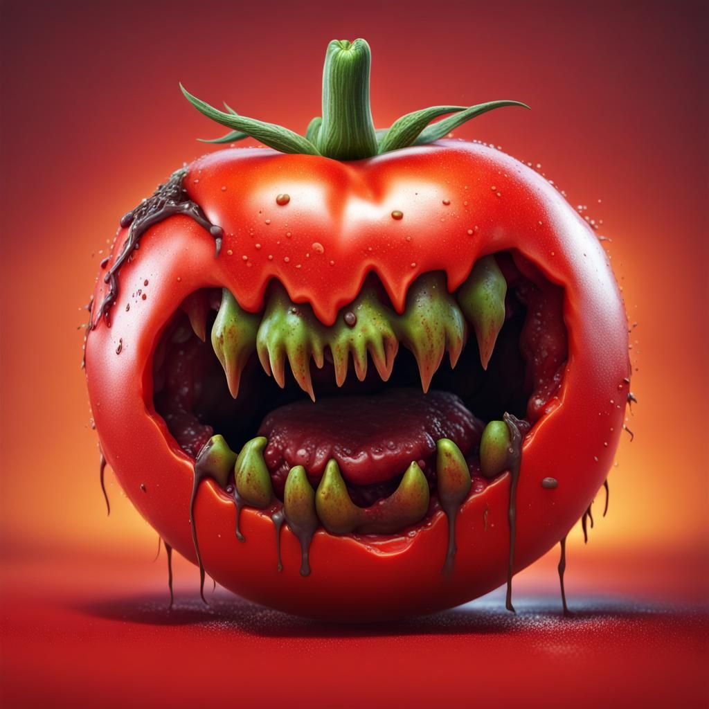 Zombie Killer tomato, with angry eyes and sharp teeth, real,...