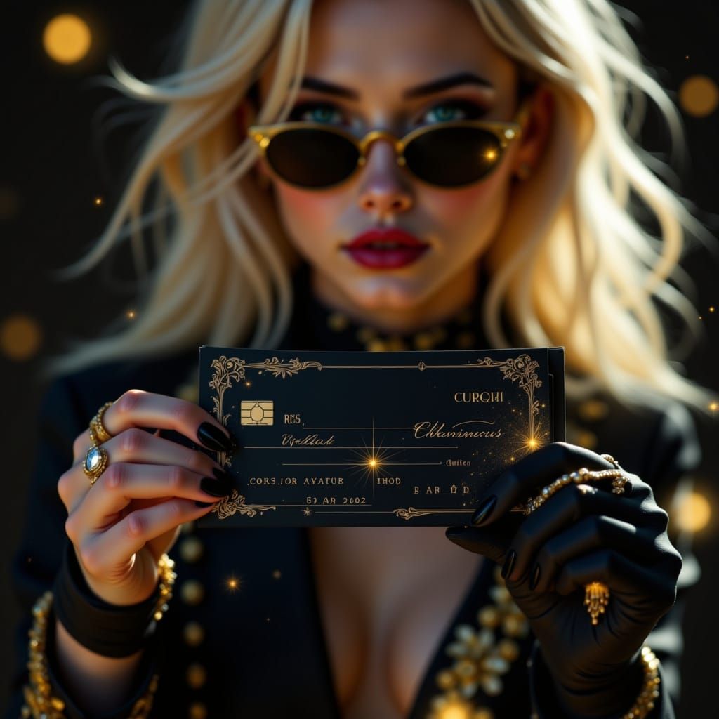 Woman Holds Blank Check in Luxury Fantasy Macro Shot