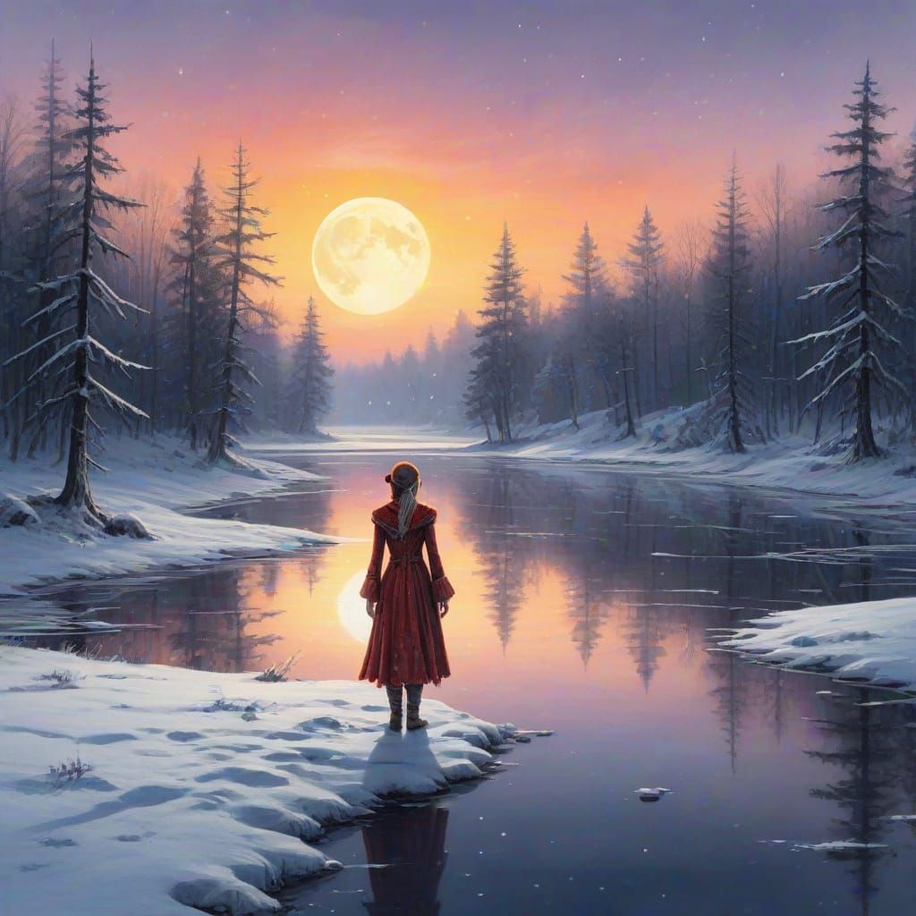 Magical Elf in Snowy Twilight Landscape with Festive Colors