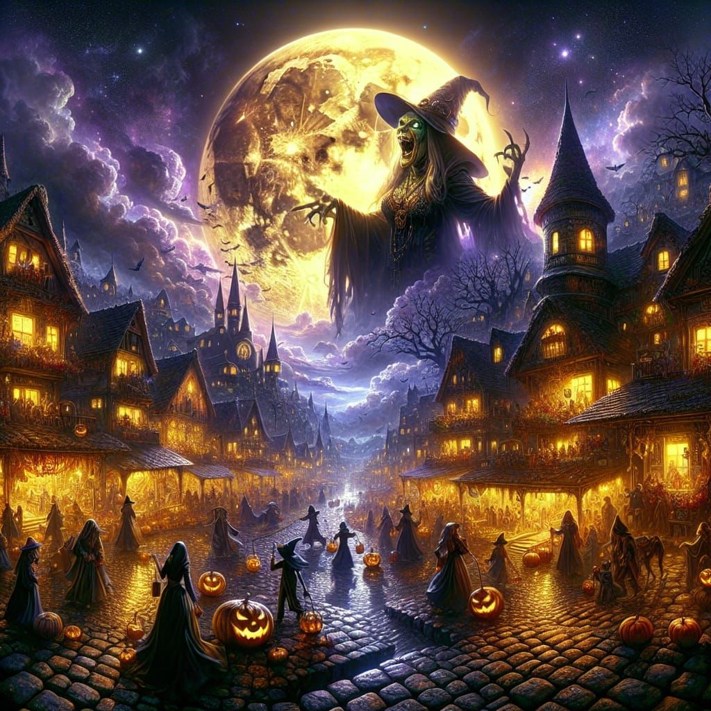 panoramic view of Halloween town, trick or treaters, Full moon, with a Large witch laughing in the sky ...  by @James Silvers