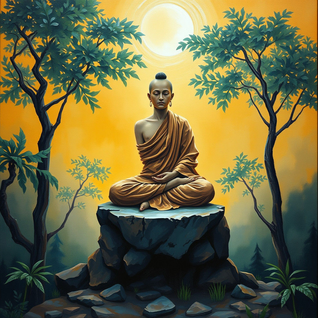 Serene Buddhist Monk Meditating in Neo-Impressionist Style