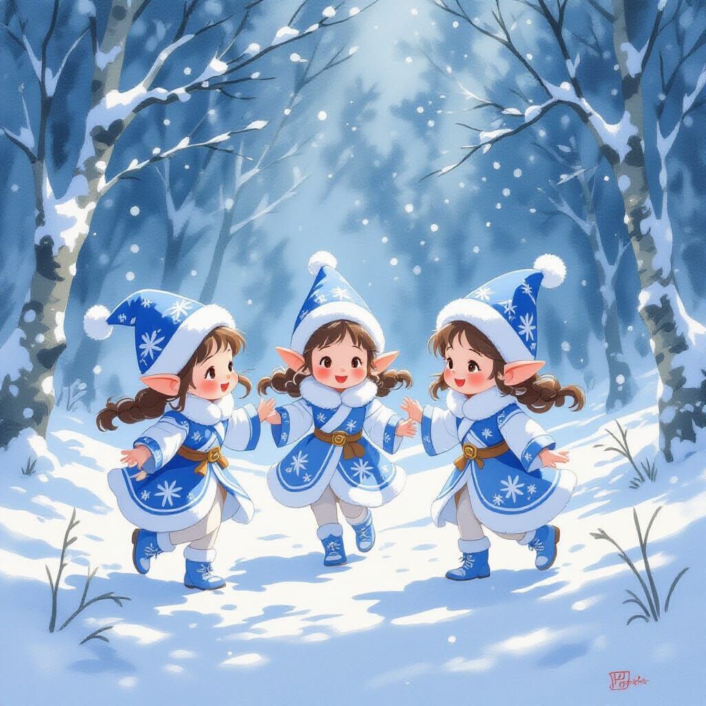 Whimsical Mushroom Elves in Snowy Landscape