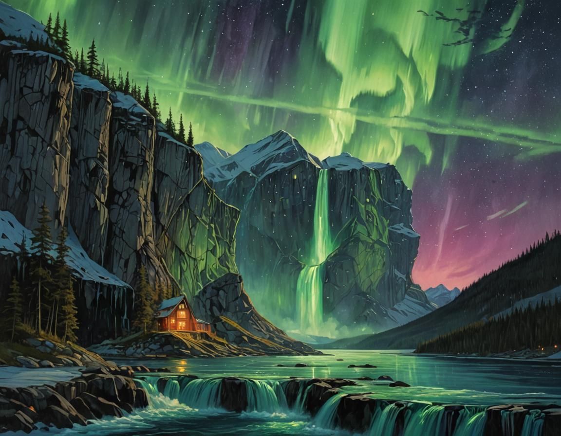 The North Star over the northern lights and the mountains an...