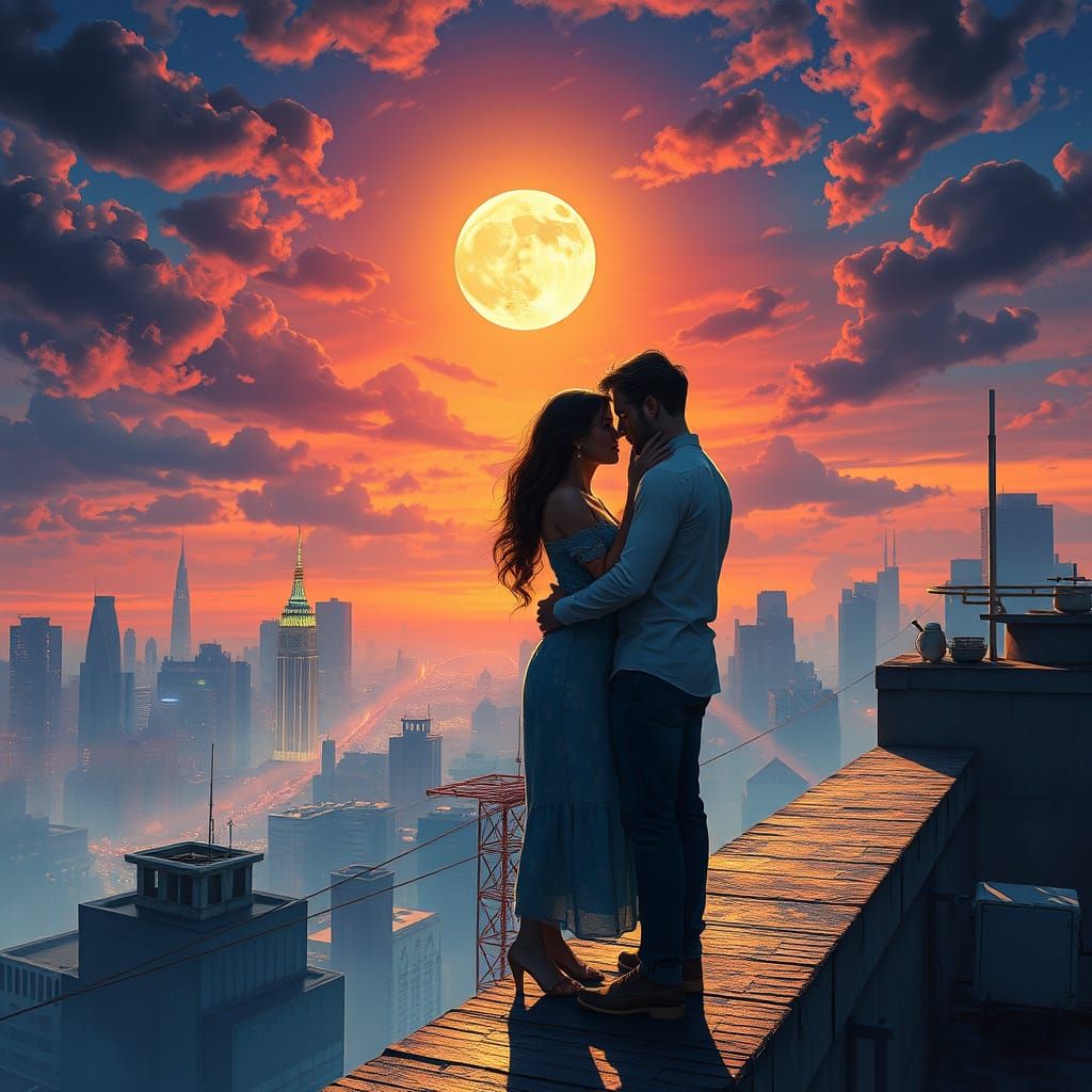 Couple Embraces at World's Edge Under Moonlit Sky