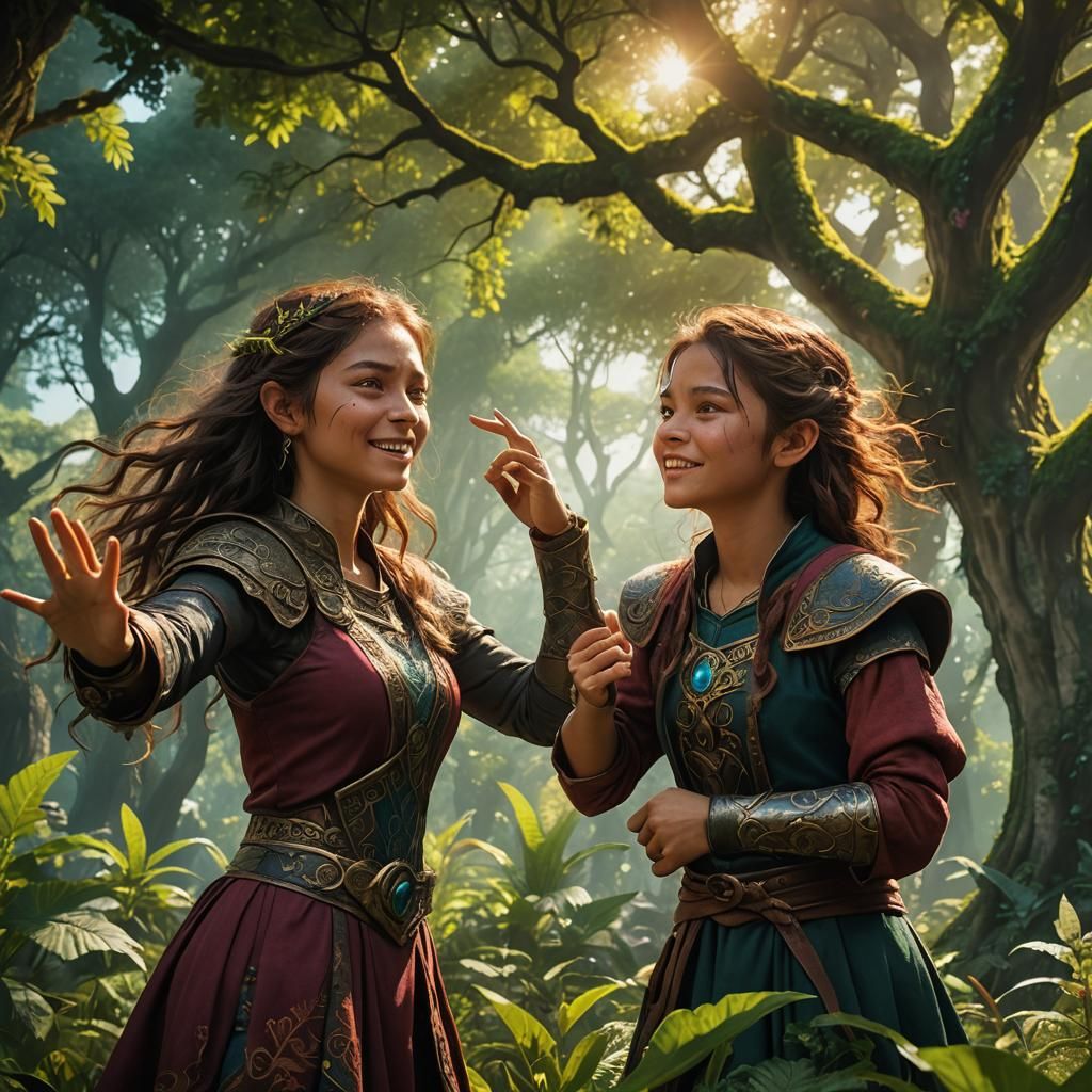 Fantasy Siblings Playing in Lush Forest Concept Art