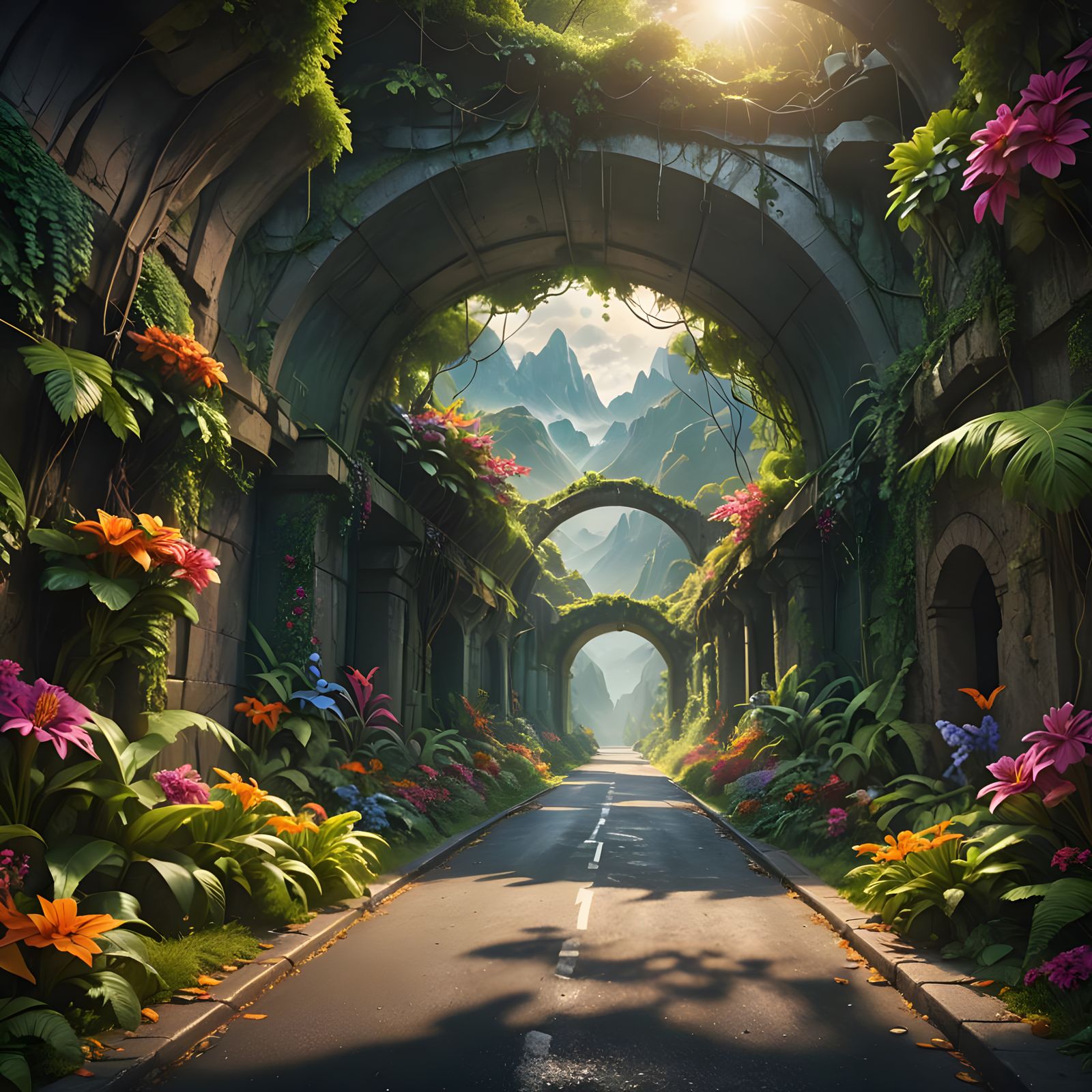 A tunnel with a beautiful nature scenery in streetart. Reali...