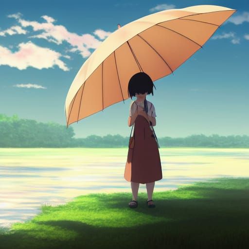girl holding an umbrella standing by a river with a friendly...