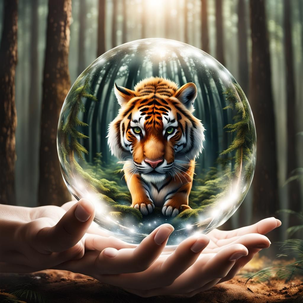 two hands  holding a glass sphere , the sphere contains a su...