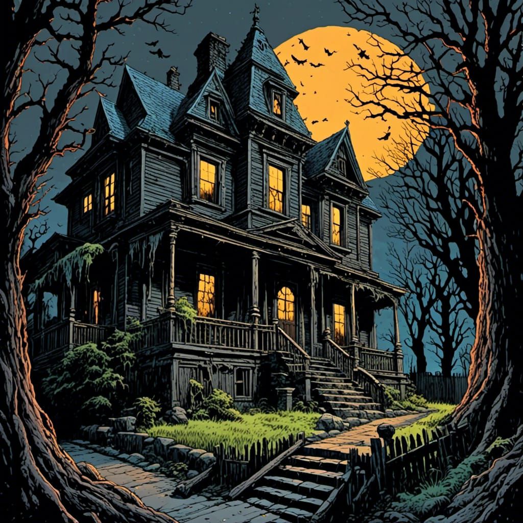 A dark dark house in a dark dark street <lora:Caffeinated Cosmic:1.0> horror, comic book art 
