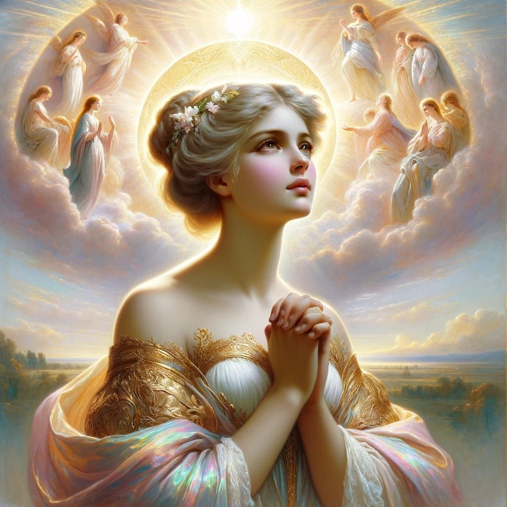 A painting in the romantic style of Pierre Auguste Cot, depicting a divine goddess in prayer.