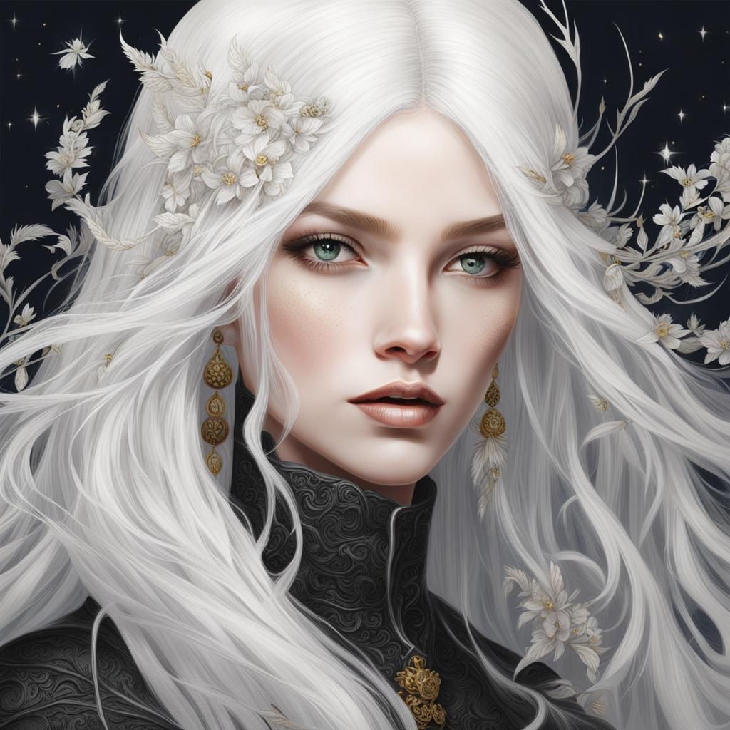 white straight hair, a witch intricately detailed detailed p...