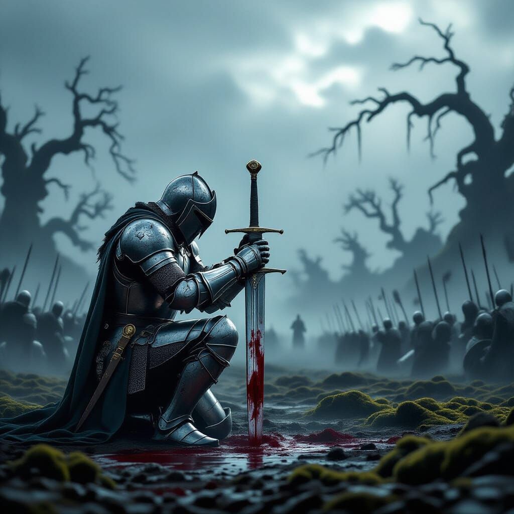  A medieval knight in shining armor kneels in front of his sword in the middle of a huge battlefield. He looks into the sky, is praying to g...