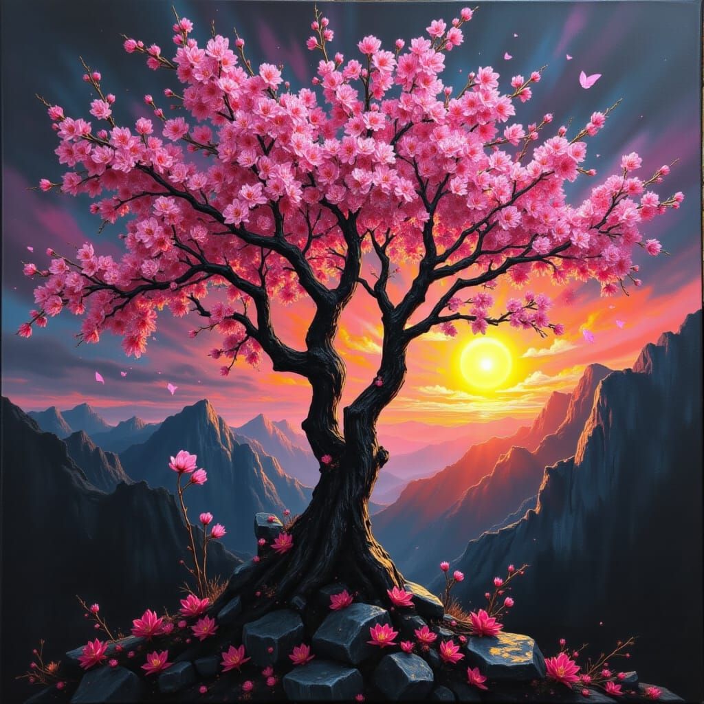 <lora:Black Canvas:1.0> A back lit sakura tree during a lovely mountain sunset! Place the sun behind the tree giving it an awe-inspiring glo...