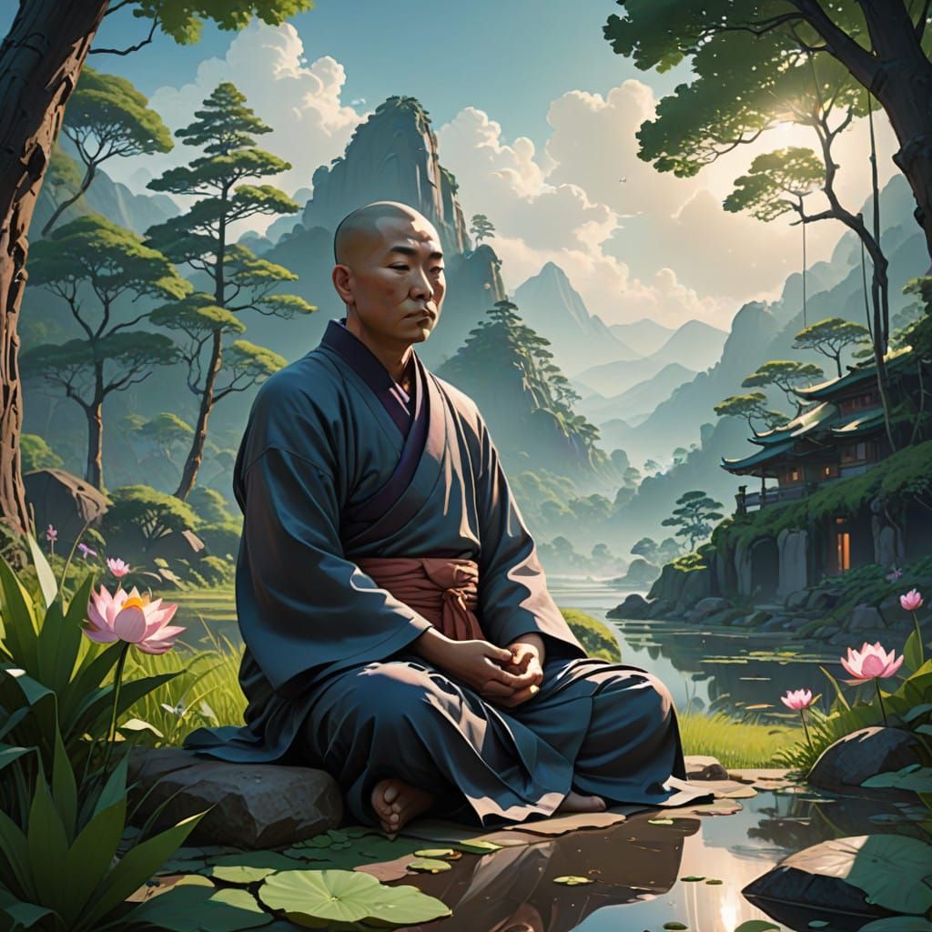 Contemplative Buddhist Monk in Lush Greenery