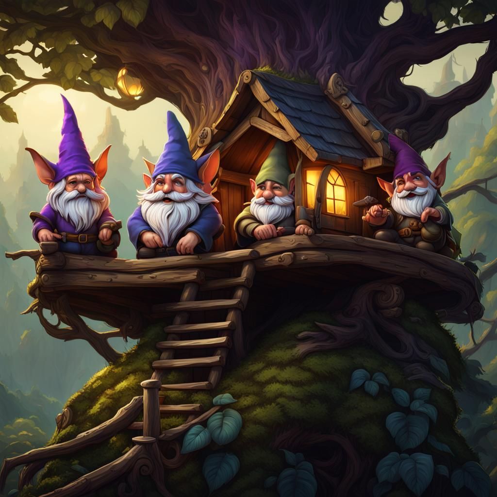 Three gnome creatures with big ears  living in a tree house ...