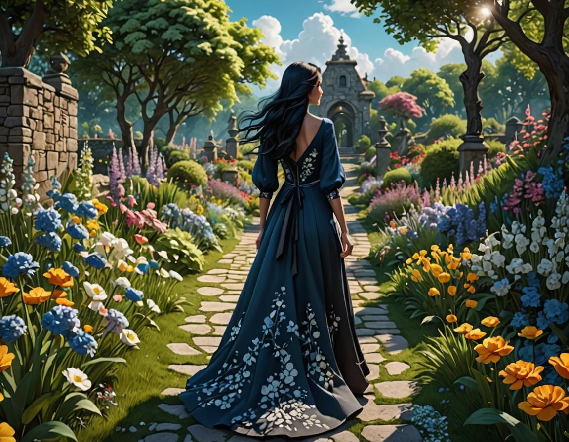 Create a stone path through a garden with spring flowers; th...