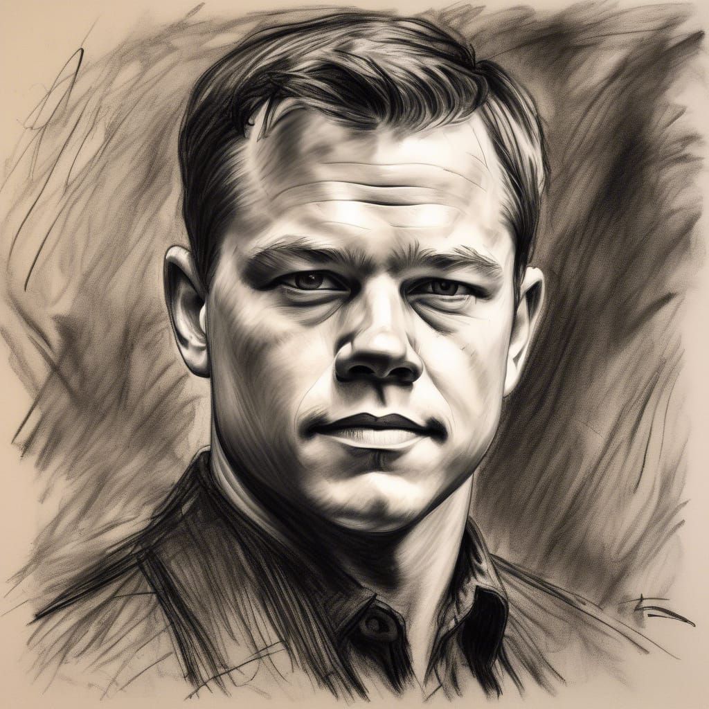 Matt Damon, portrait in charcoal
