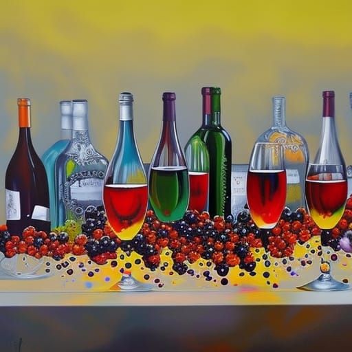 Bottles of wine on a table in front of a field of grapes