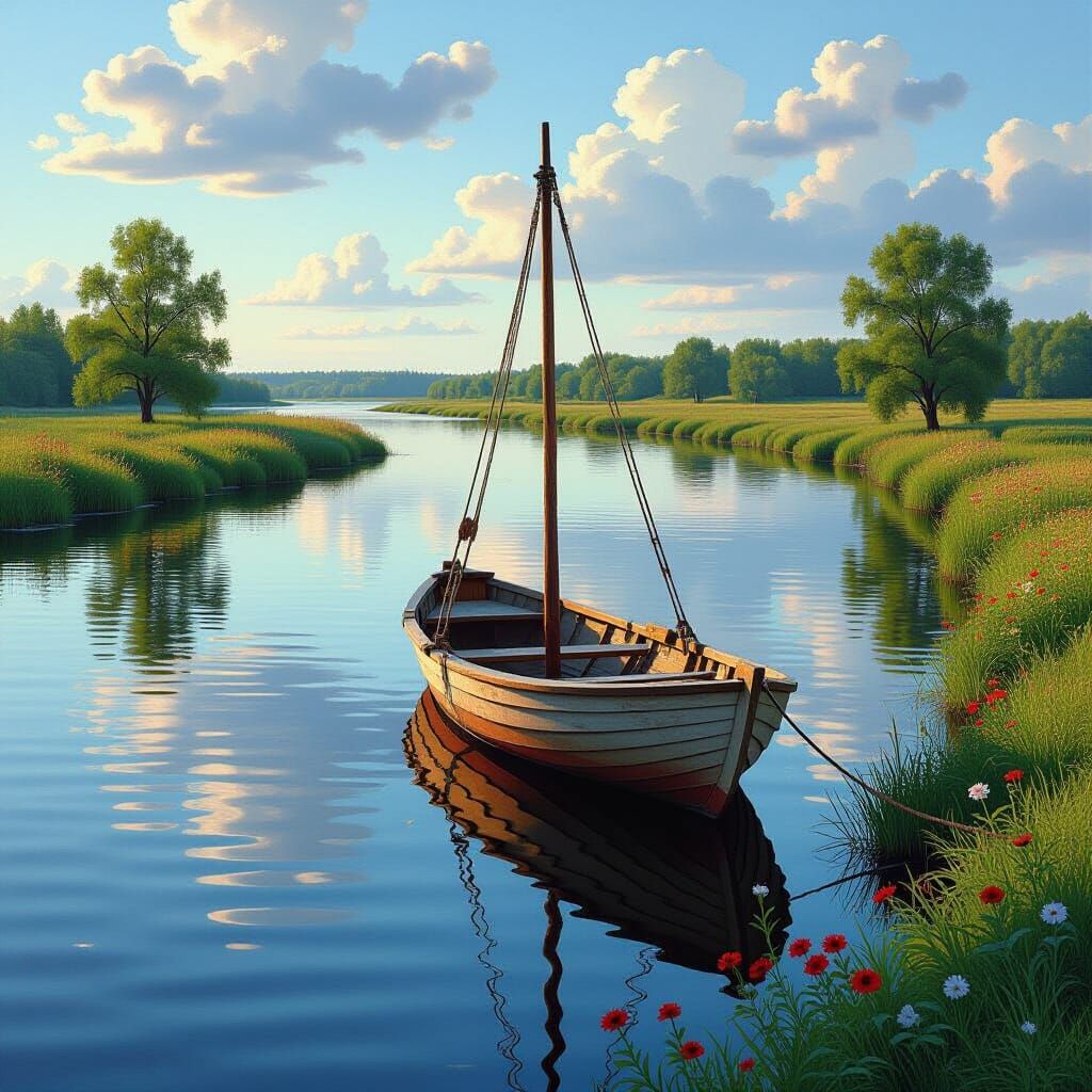 Photorealistic River Landscape with Boat and Lush Flora