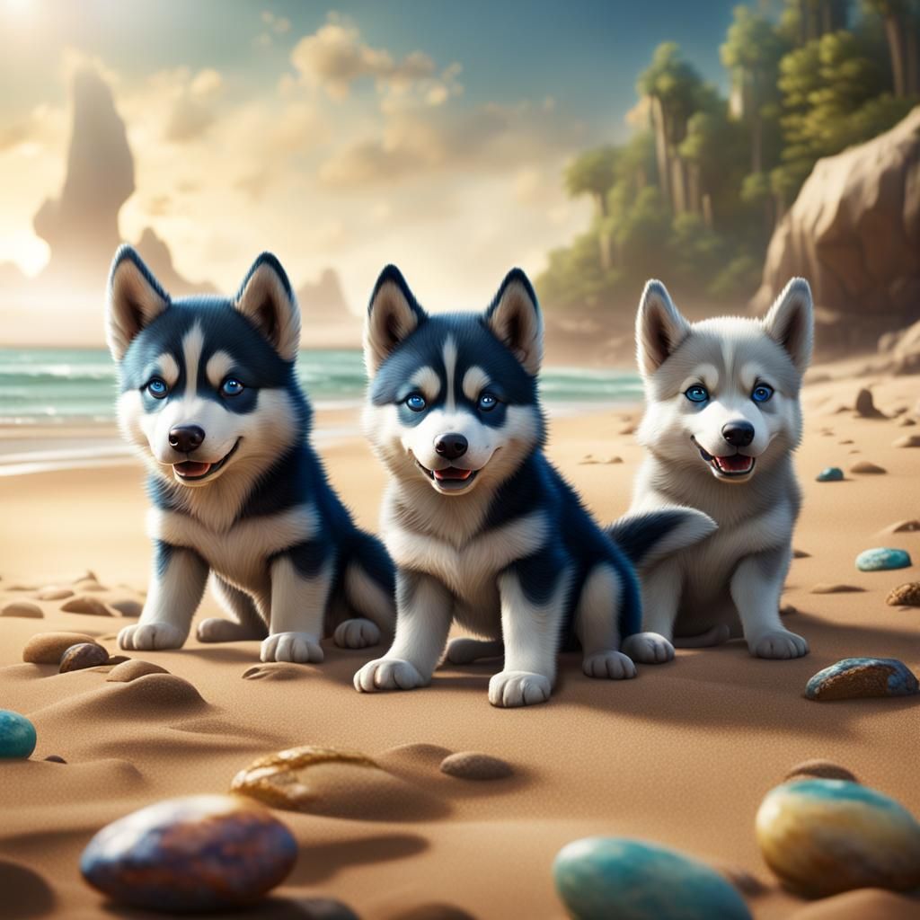 3 baby huskys playing on a beach