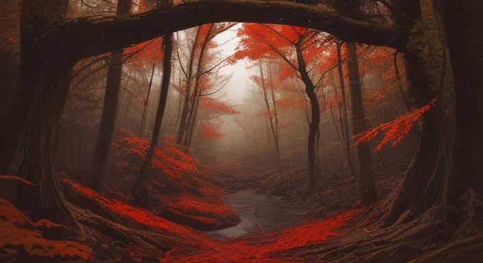 Ambystoma maculatum upon a log FOREST SCENE BLOOD MOON RED A...