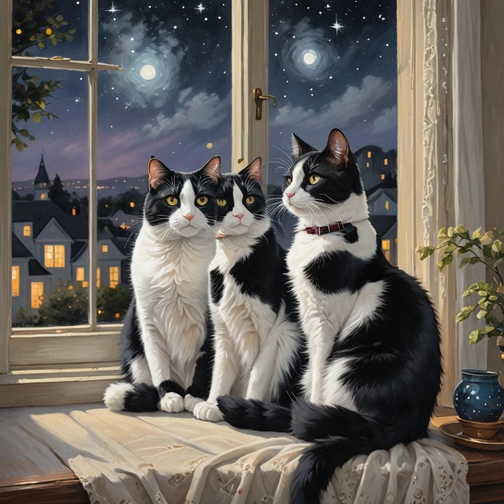 Tuxedo Cats in a Moonlit Window