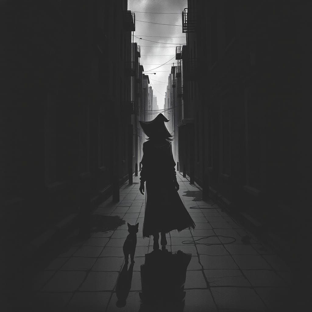 Mysterious Woman and Kitty in Abandoned City Alleyway