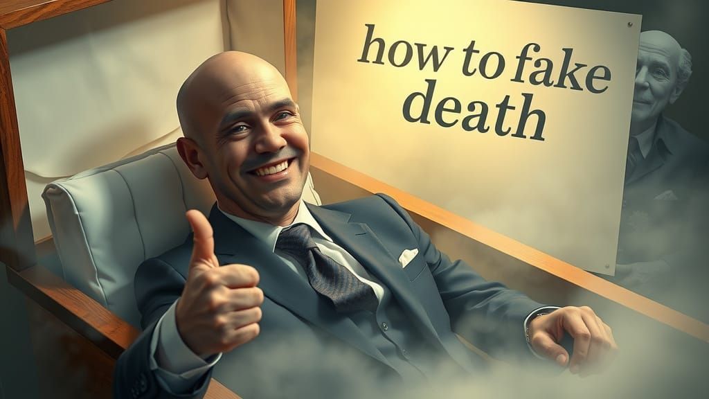 In a coffin lies a bald guy smiling looking in the camera with his arm extended doing a thumbs up the sign above reads "...