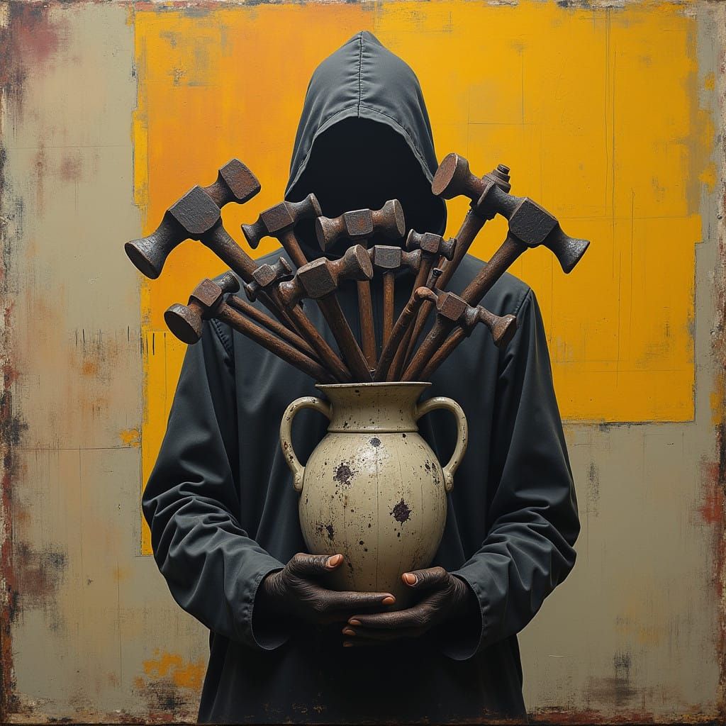 Mysterious Figure with Hammer Bouquet in a Bold Abstract Bac...