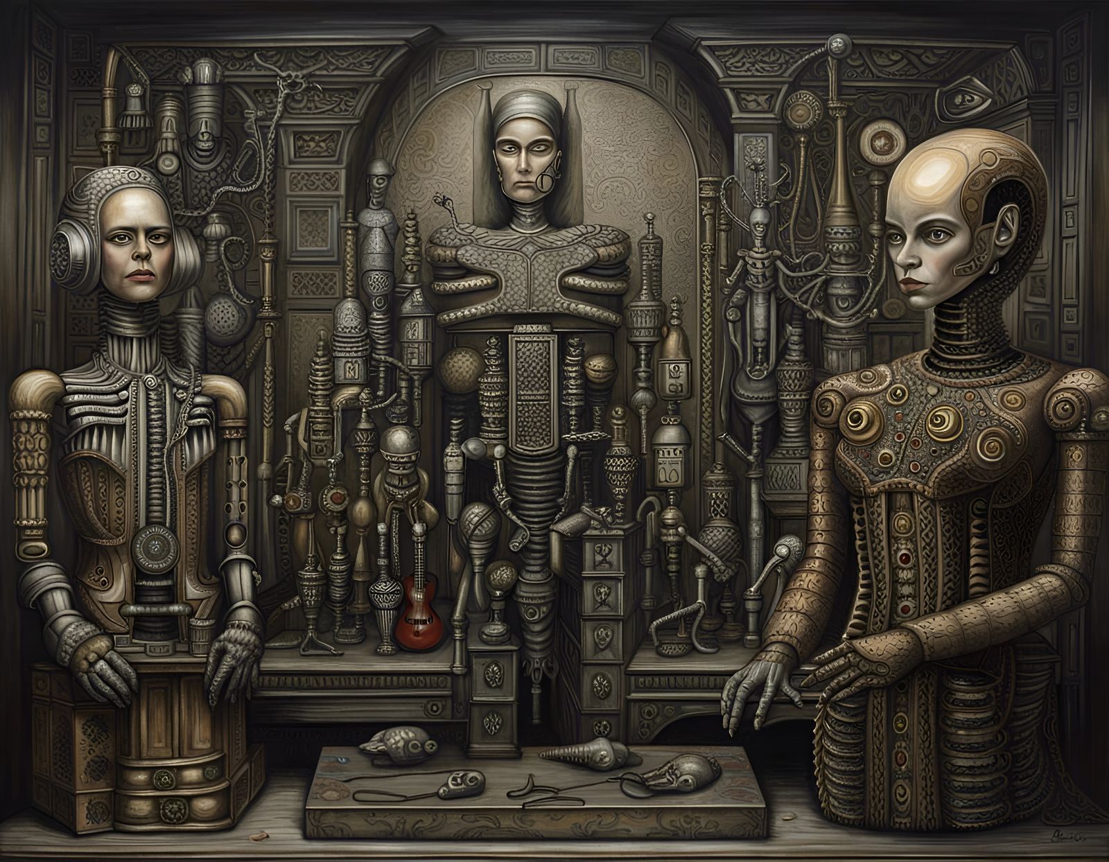 monument to the artists replaced by robots, detailed oil painting, h. r. giger, frida kahlo