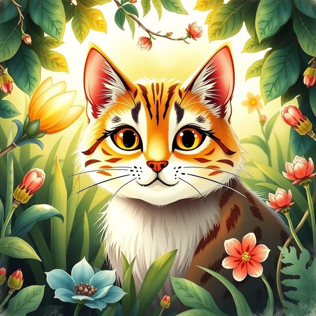 Cute Cat in Lush Garden, Watercolor Style