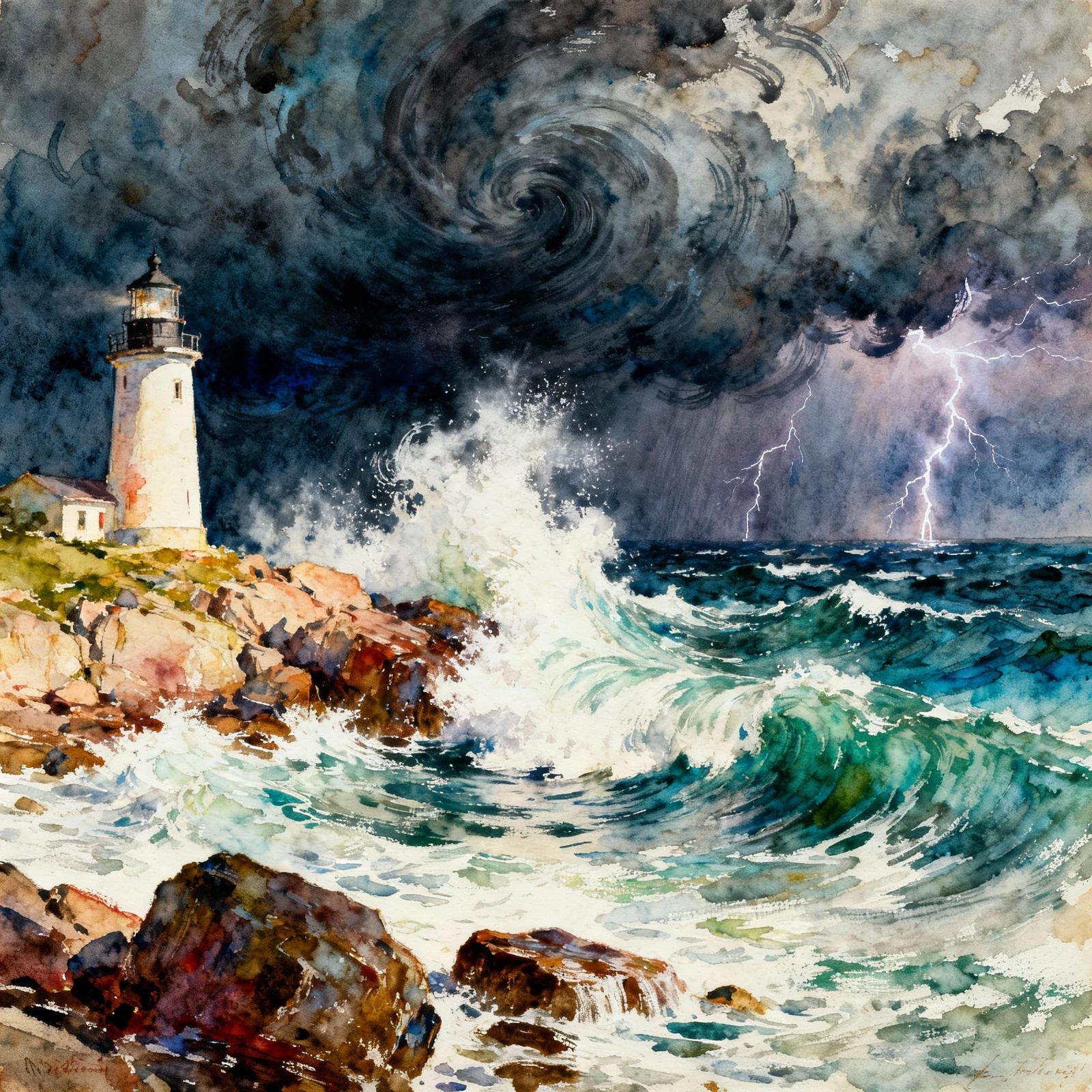 waterfront tempest watercolor dark blue hue in the sky