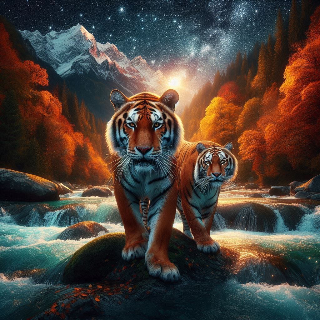 Two Bengal Tigers Walking in River