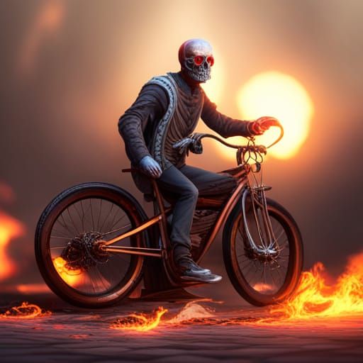 skeleton with a flaming head and flaming bike